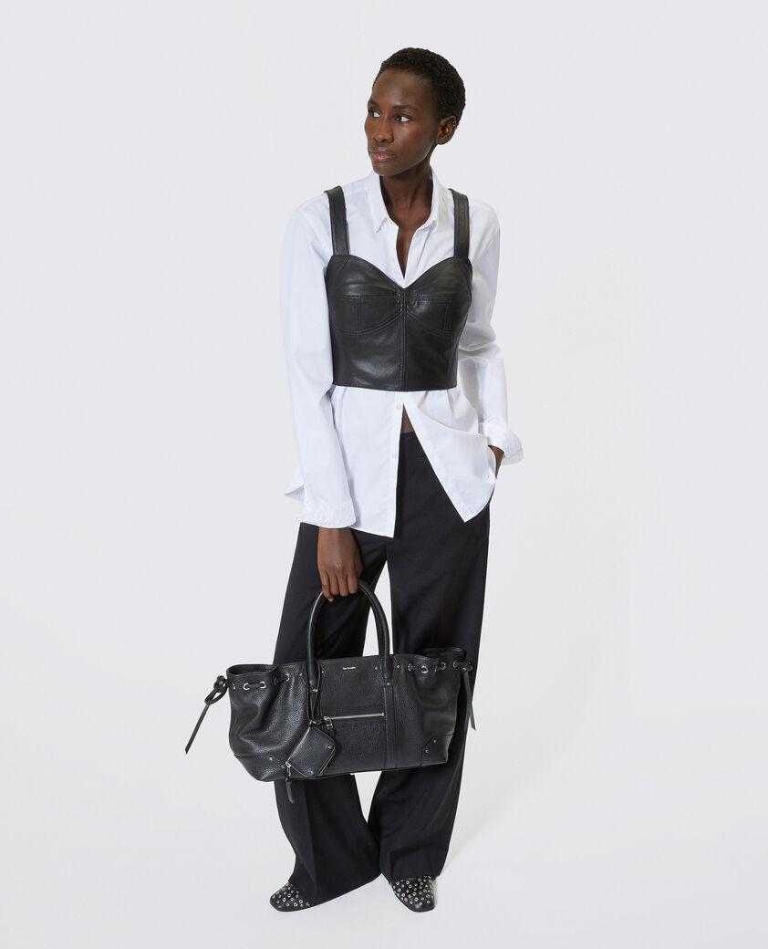 The Kooples DAMEN BLACK geraffte einkaufstasche aus schwarzem genarbtem leder