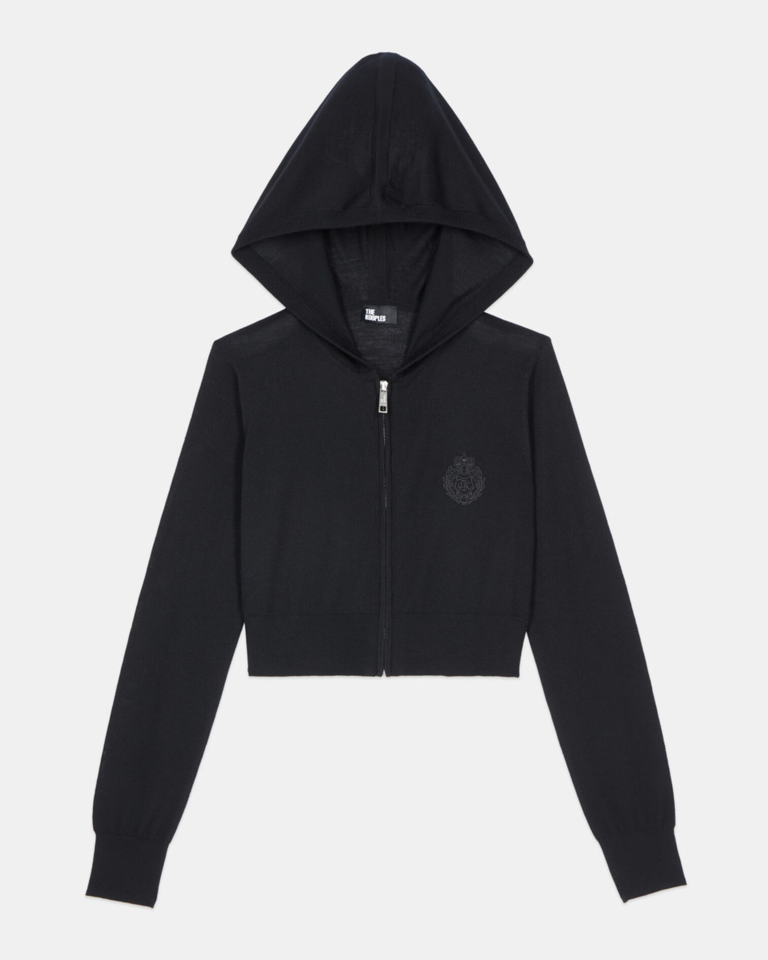 Schwarzer Cardigan mit Kapuze aus Wolle, BLACK, hi-res image number null