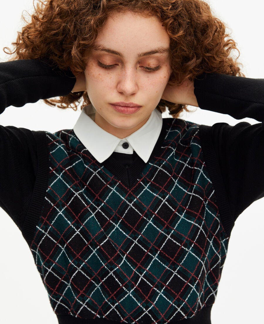 The Kooples WOMEN BLACK DARK GREEN green check knit short dress