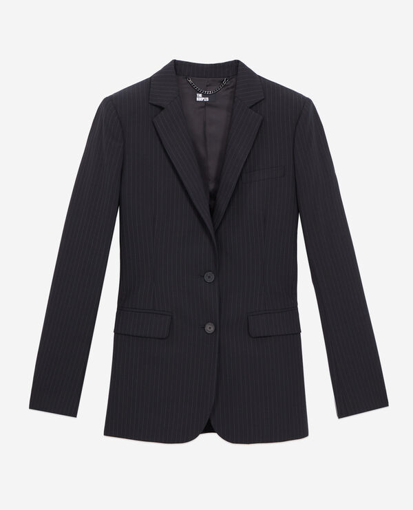 veste tailleur noire à rayures en laine mélangée