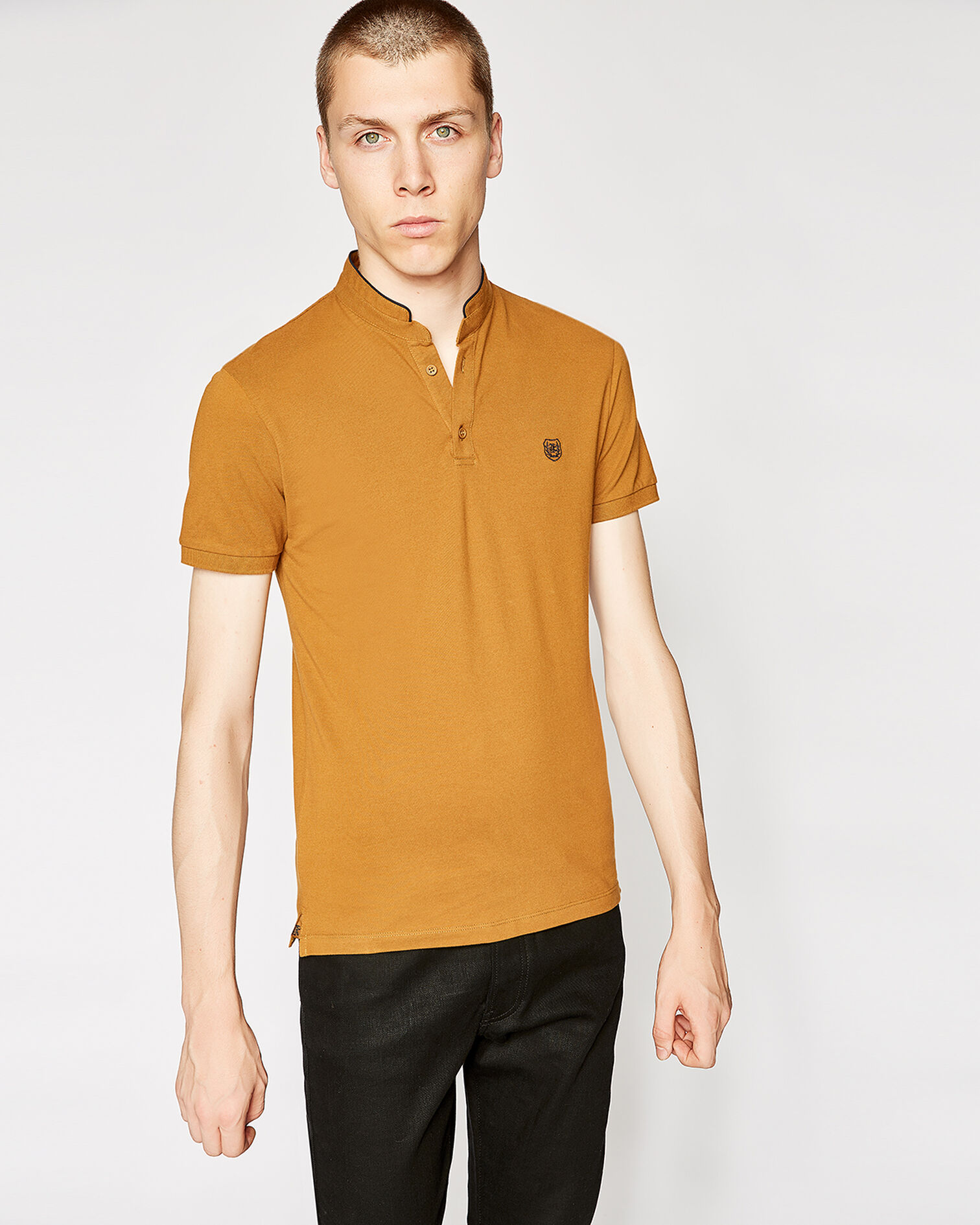 Mustard yellow cotton polo shirt with navy blue details, DIJON/DARK NAVY, hi-res image number null