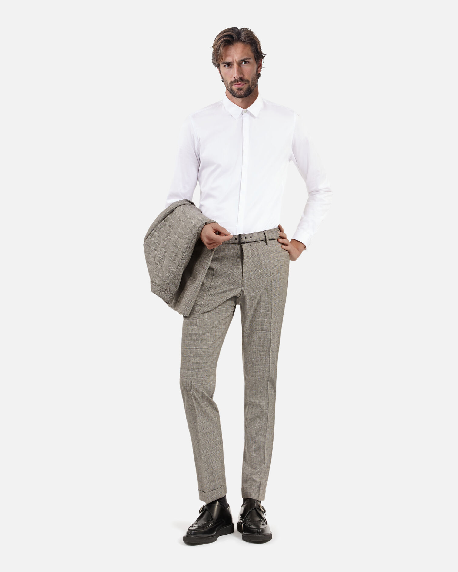 Prince of Wales beige wool suit pants, BEIGE MELANGE, hi-res image number null