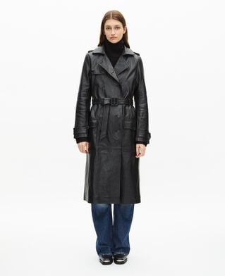 The Kooples DAMEN BLACK langer, schwarzer trenchcoat aus leder