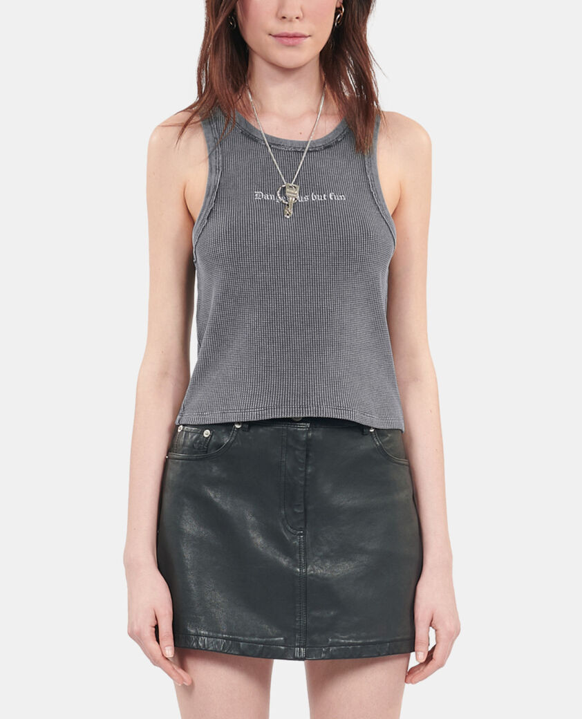 The Kooples WOMEN BLACK WASHED black tank top with dangerous but fun serigraphy