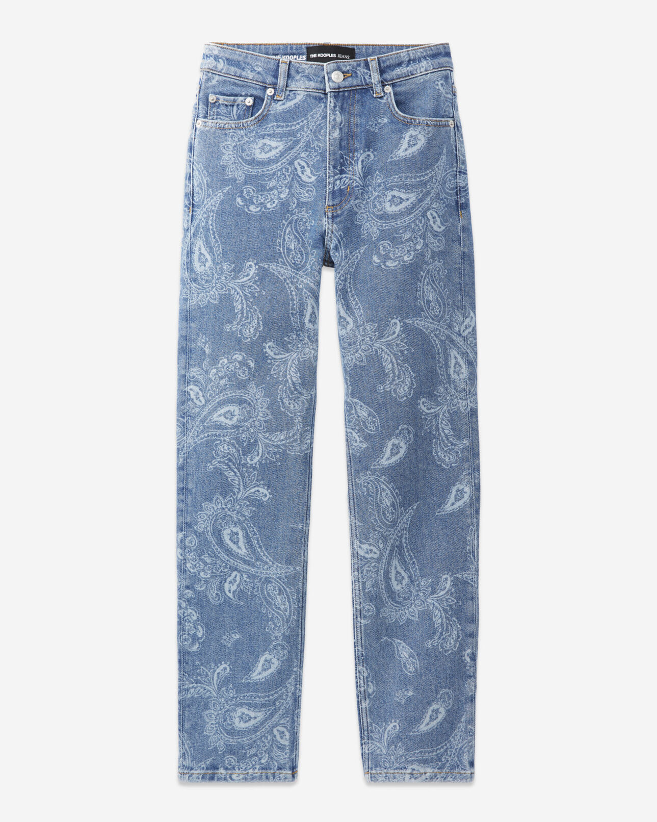 The Kooples WOMEN BLUE DENIM straight cropped jeans with faded paisley pattern