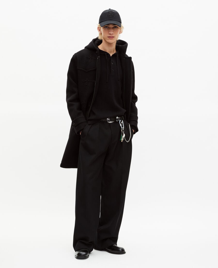 The Kooples MEN BLACK long black wool coat with brandenburg closure