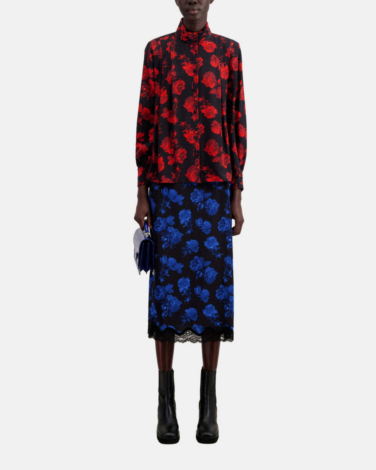The Kooples WOMEN BLACK - RED printed silk top with pleating