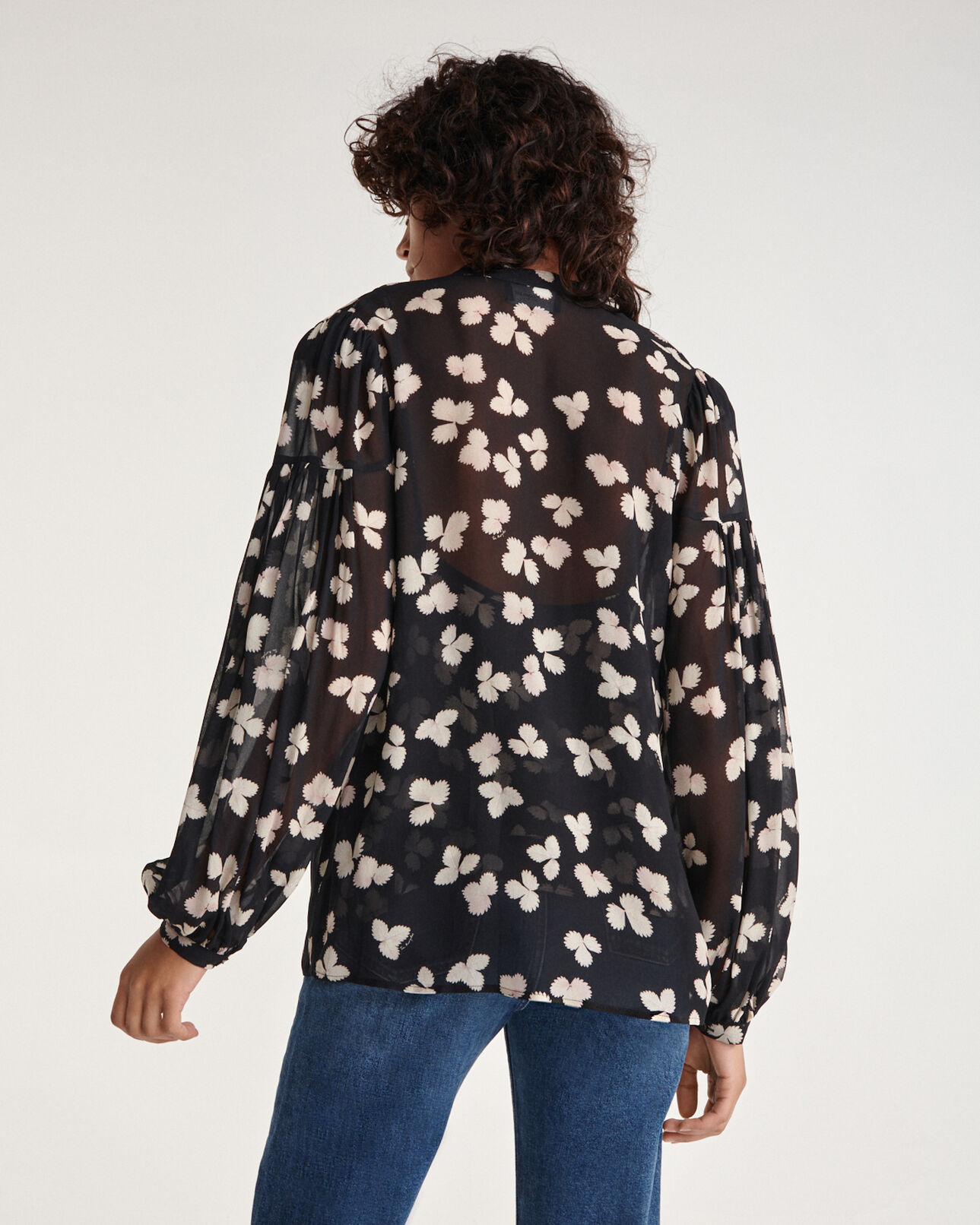 The Kooples DAMEN BLACK-ECRU hemd fließend v-ausschnitt schwarz blumen