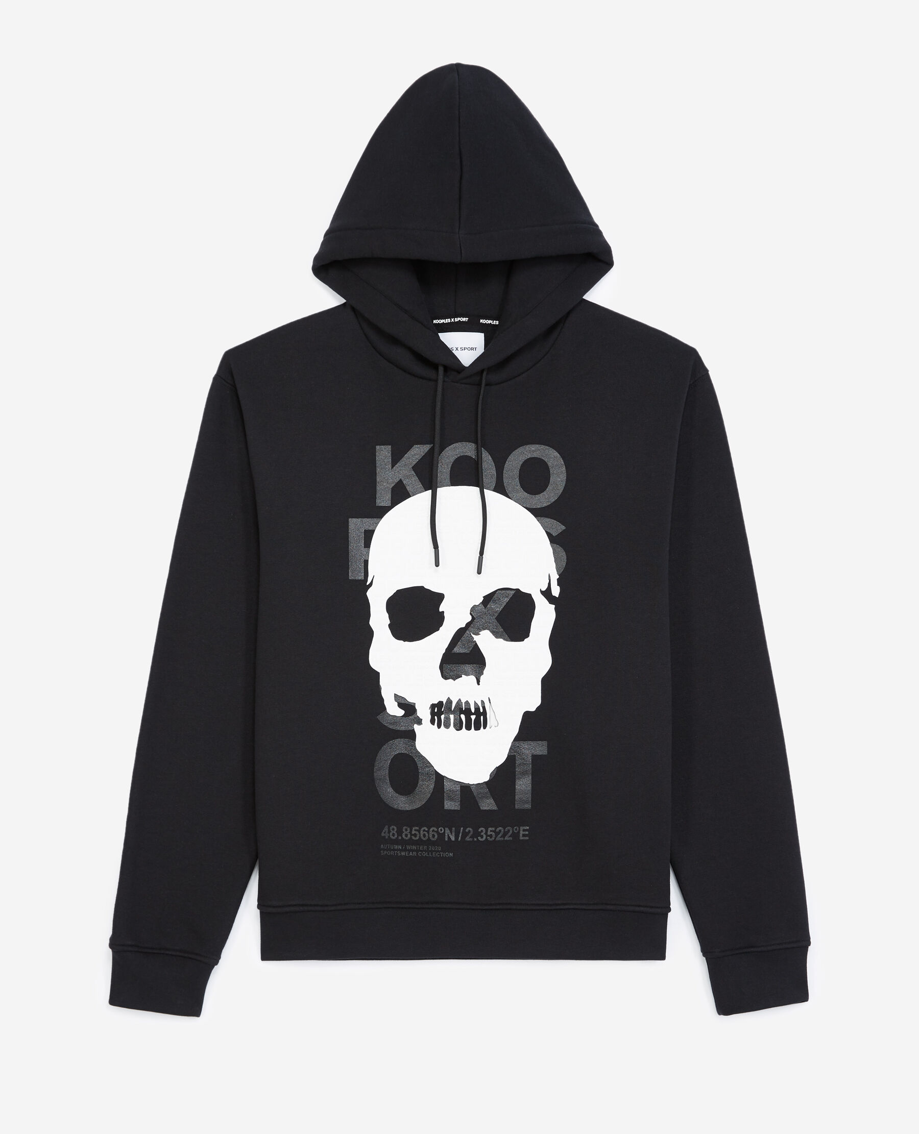 Black sweatshirt with hood and skull motif