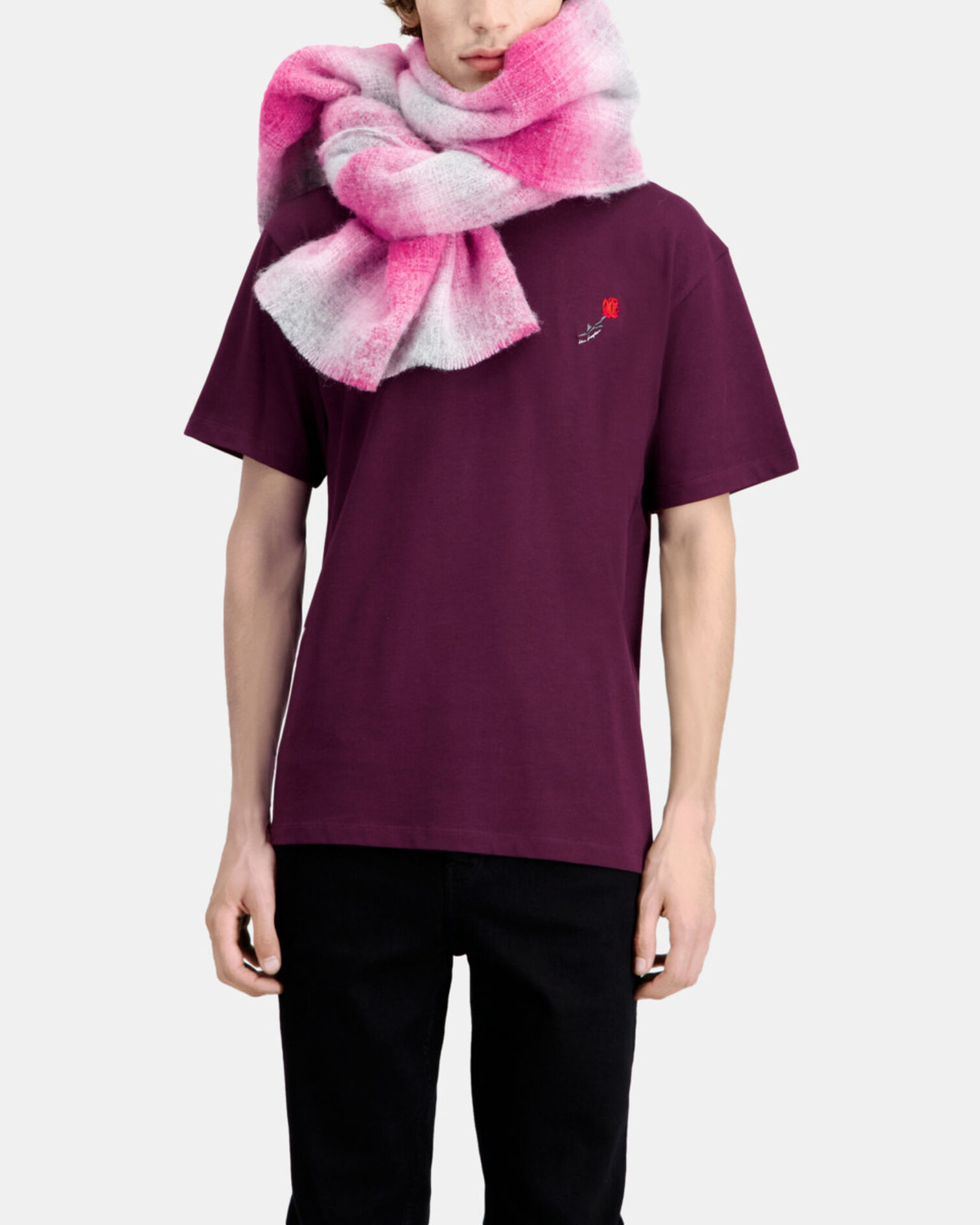 Bordeauxrotes T-Shirt Herren mit Blumen-Stickerei, BORDEAUX, hi-res image number null