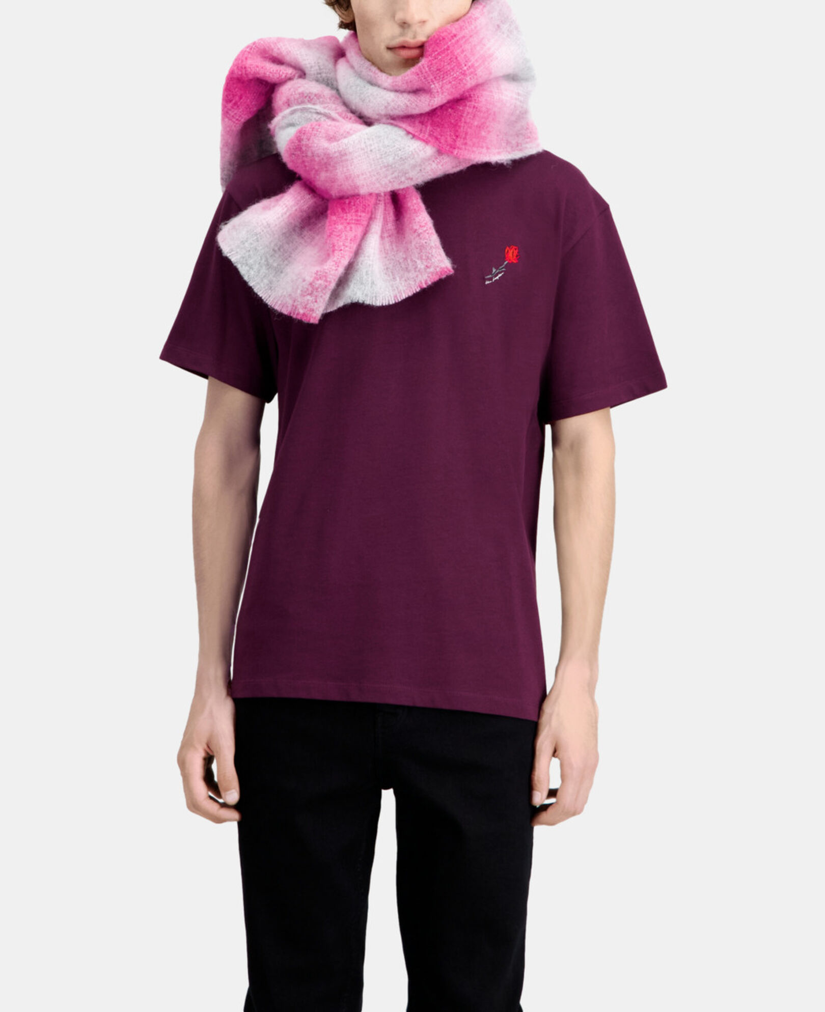 The Kooples MEN BORDEAUX men's burgundy t-shirt with flower embroidery