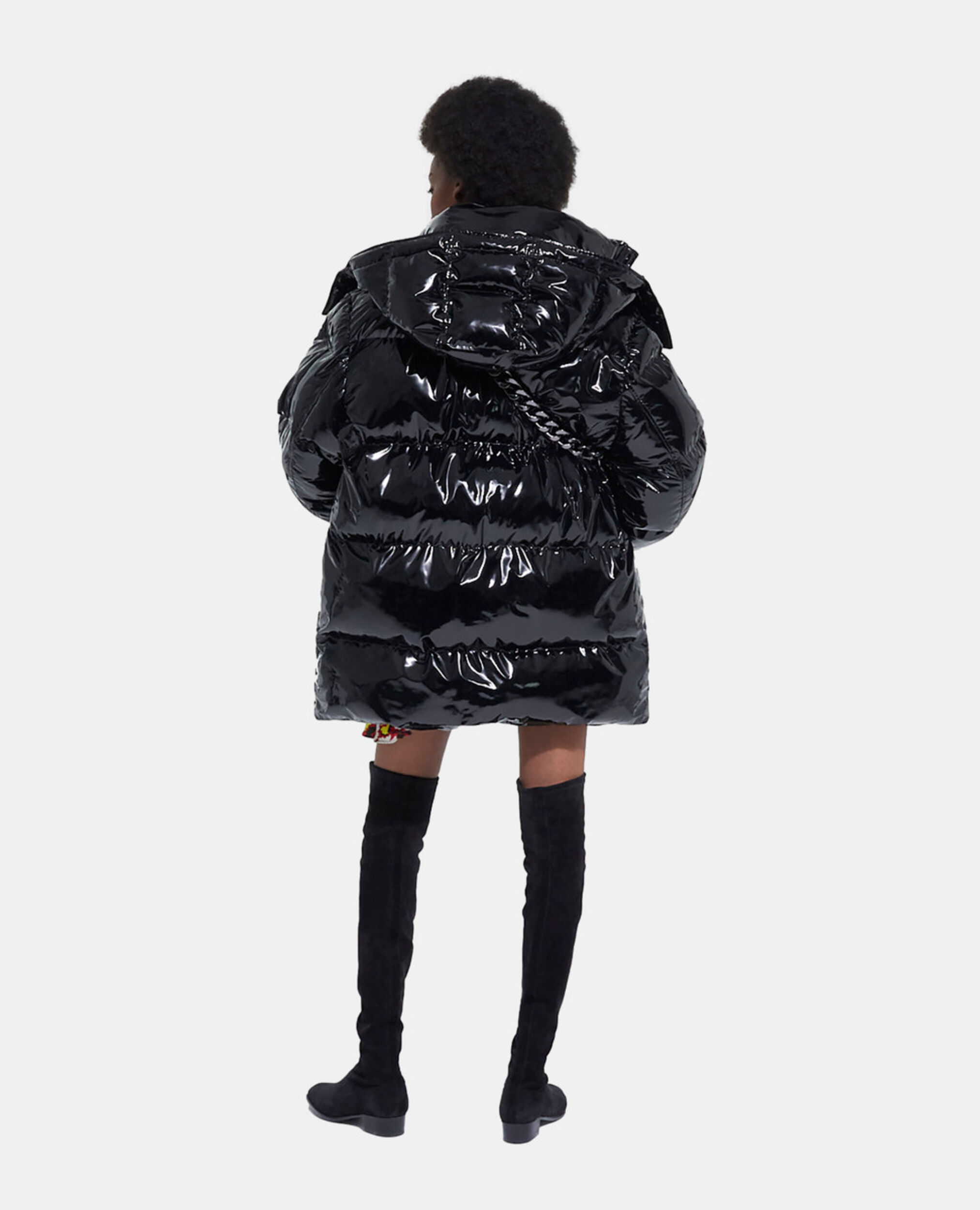 Black oversized vinyl down jacket with straps and logo, BLACK, hi-res image number null