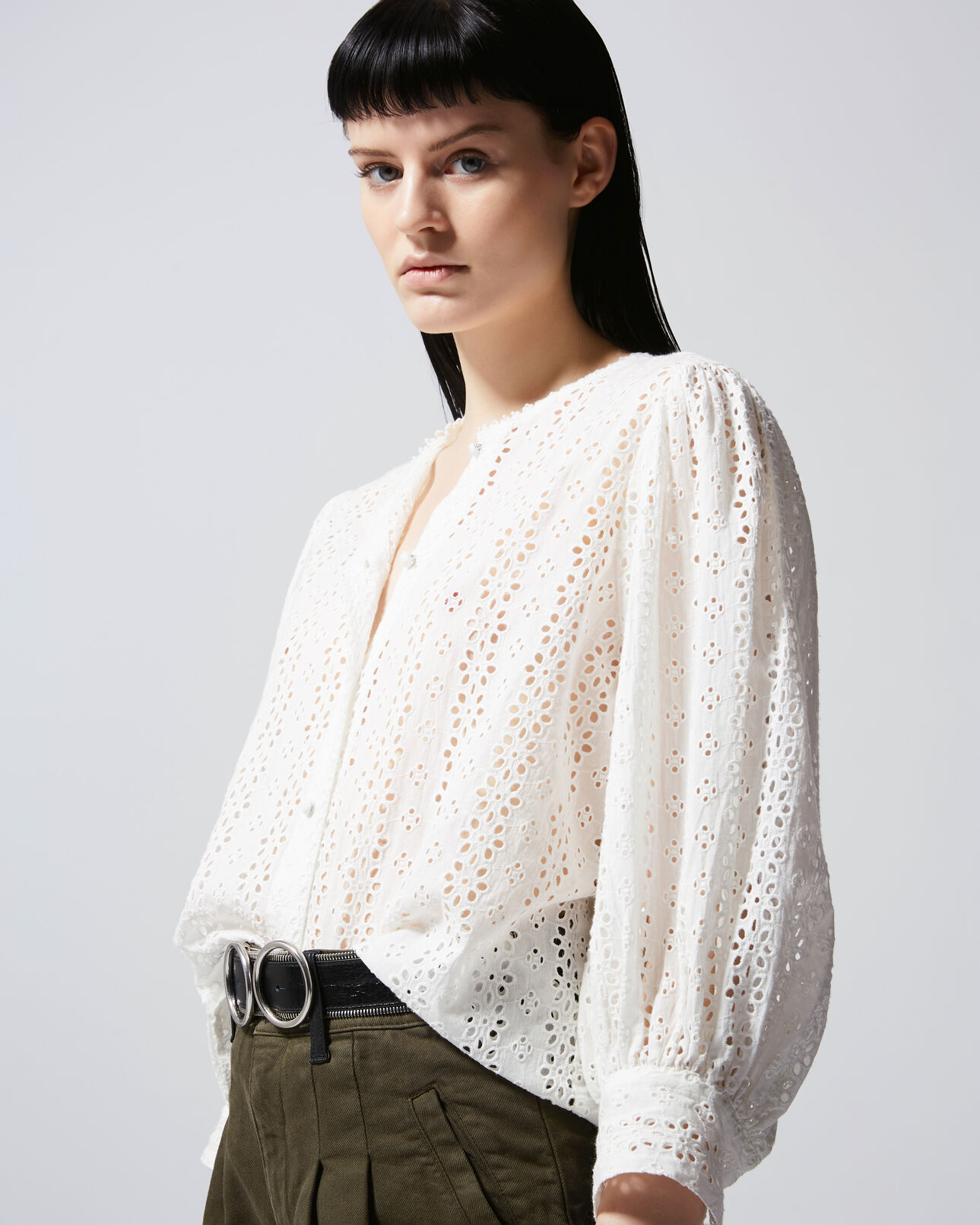 The Kooples FEMME ECRU chemise dentelle écrue sans col fluide