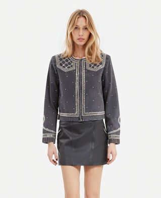 The Kooples WOMEN BLACK WASHED grey denim jacket with studs and pearls