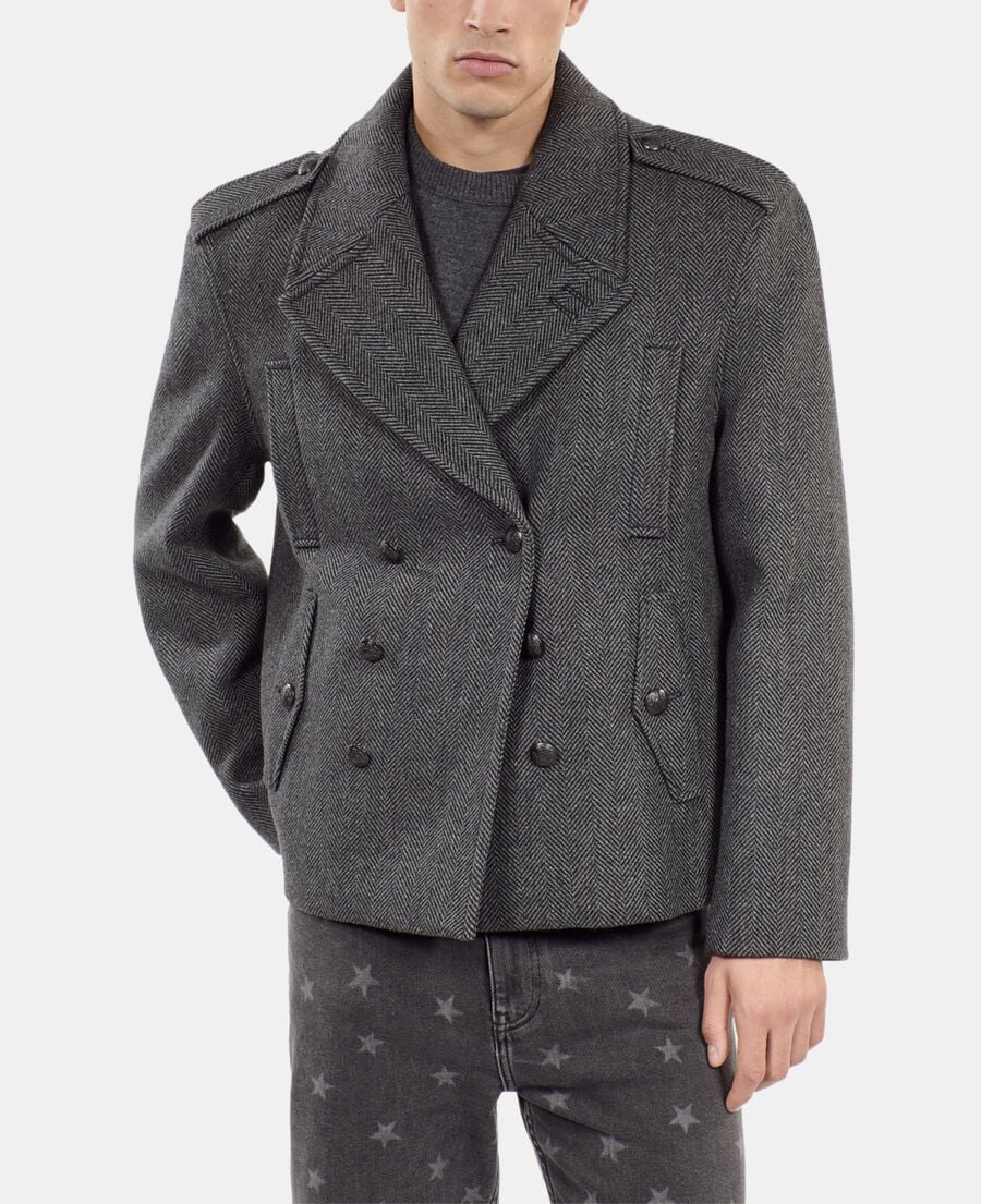 The Kooples H BLACK GREY black herringbone wool blend pea coat