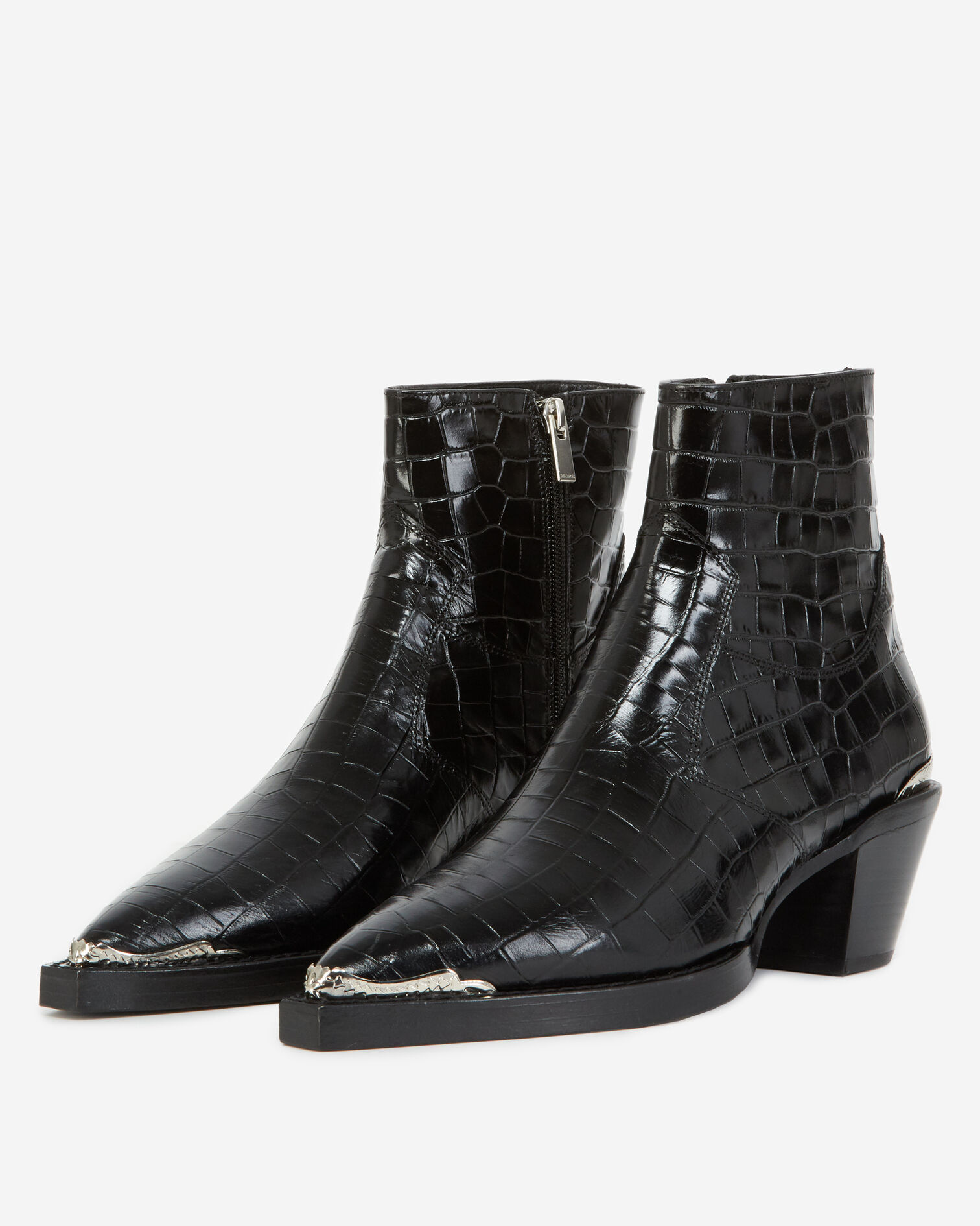 Bottines noires cuir façon croco, BLACK, hi-res image number null