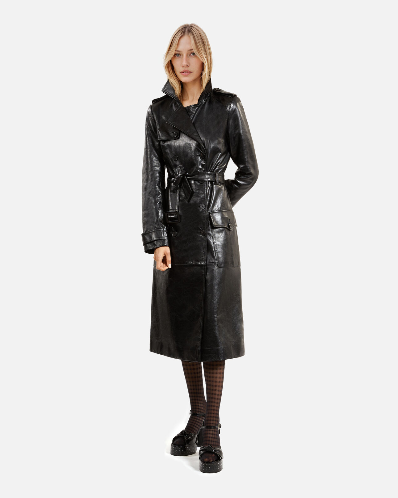 The Kooples FEMME BLACK trench long en cuir noir