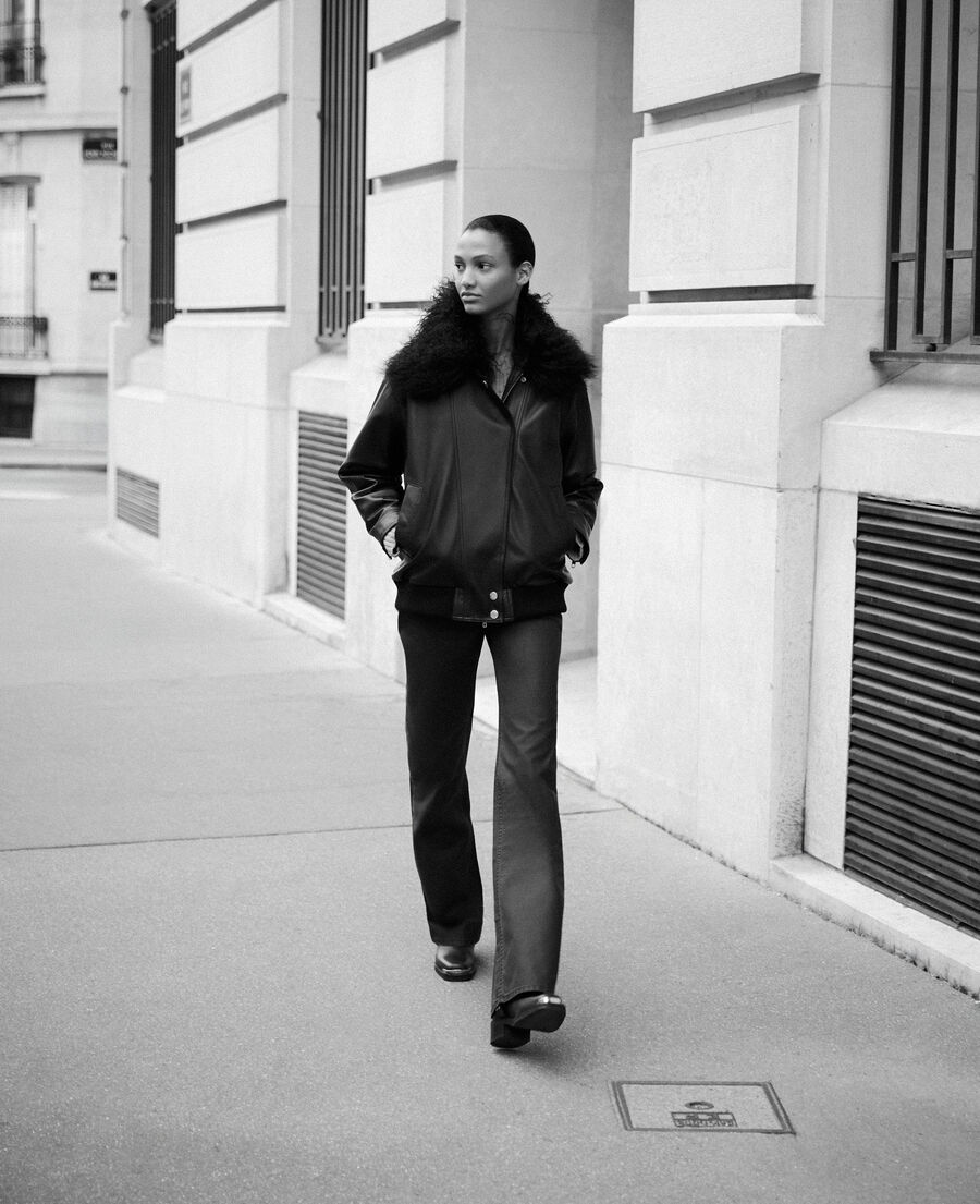 The Kooples MUJER BLACK chaqueta de piel con cuello de piel desmontable, negra