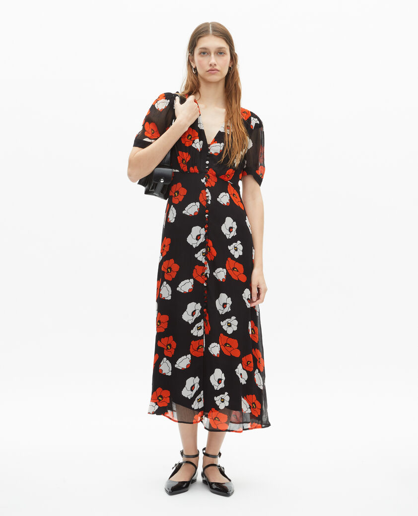 The Kooples DAMEN BLACK RED OFF WHITE langes kleid mit blumendruck schwarz