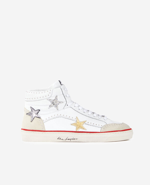baskets montantes en cuir blanc avec étoiles