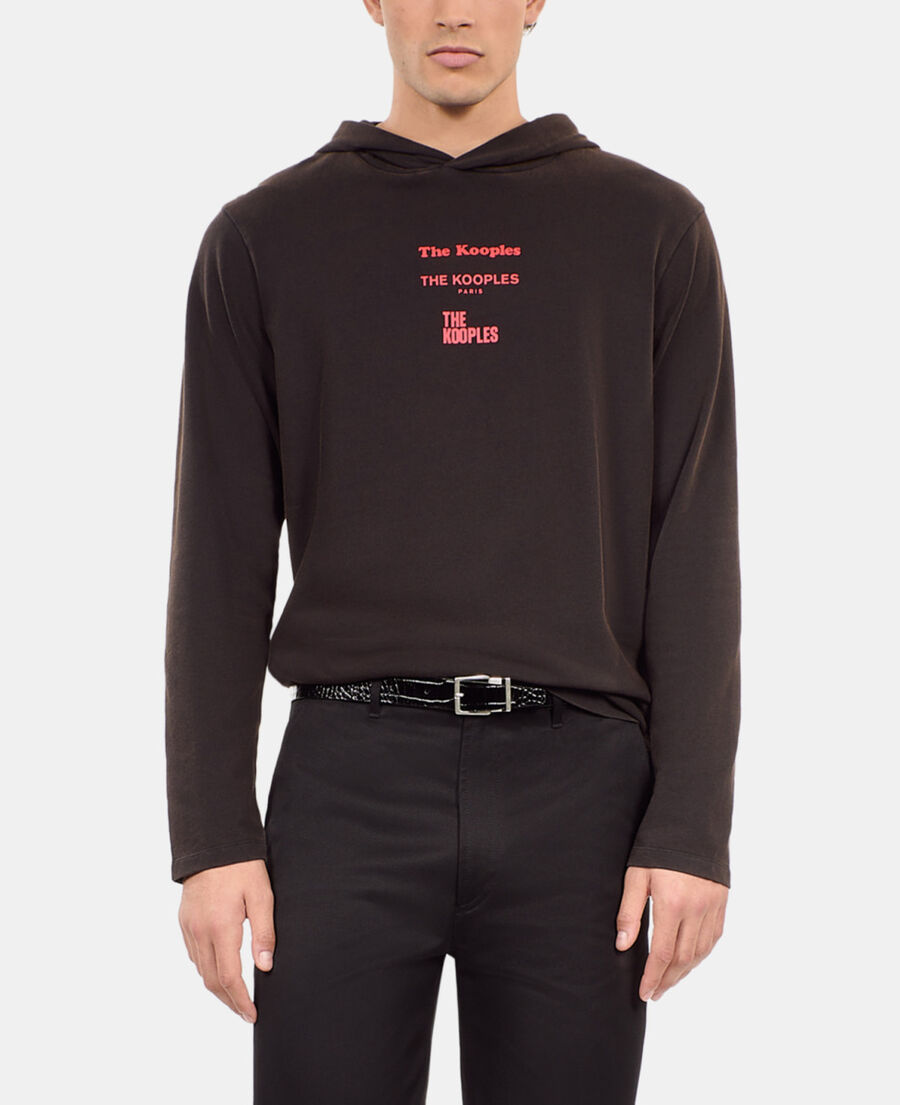 The Kooples MEN BLACK WASHED long-sleeved black hooded locations serigraphy t-shirt