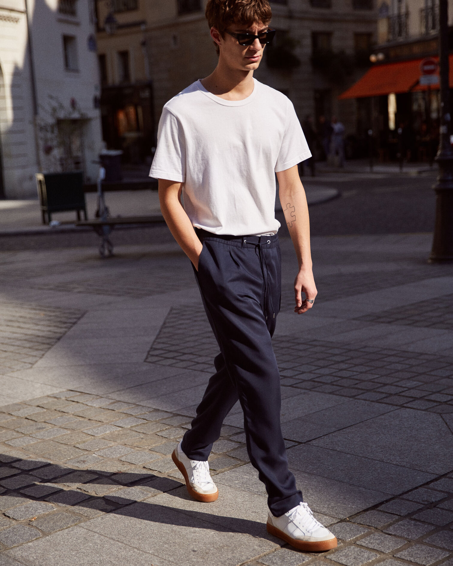 Navy blue cotton twill trousers with woven beige piping, NAVY, hi-res image number null
