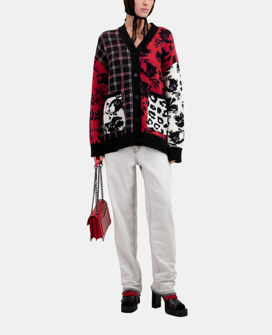 The Kooples DAMEN BLACK / BURGUNDY /WHITE patchwork-cardigan aus einer wollmischung