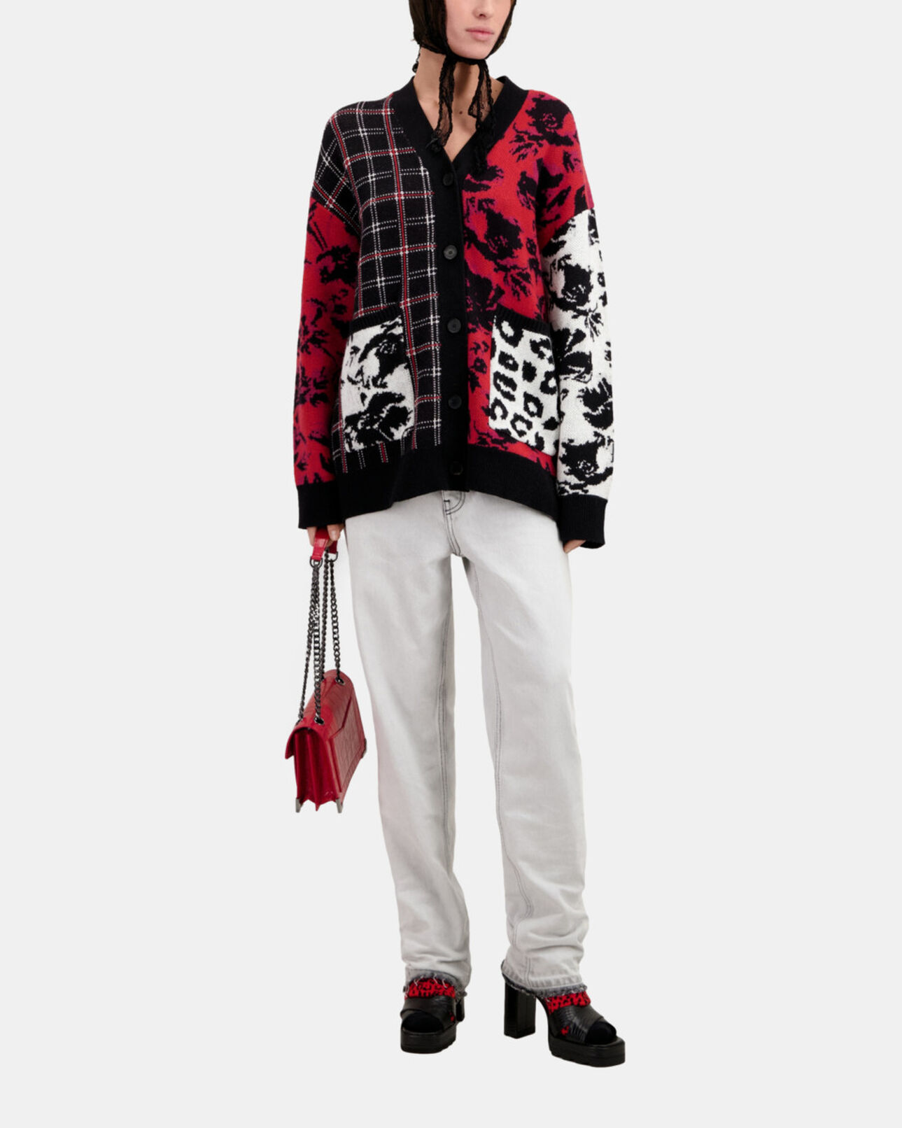 The Kooples WOMEN BLACK / BURGUNDY /WHITE wool-blend cardigan with patchwork