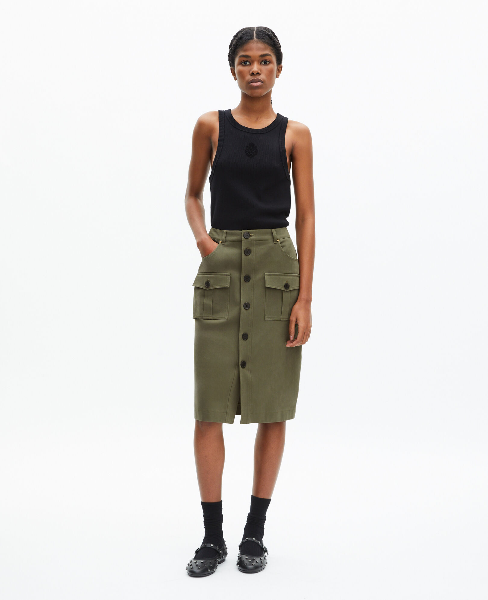 The Kooples FEMME KAKI jupe cargo midi kaki