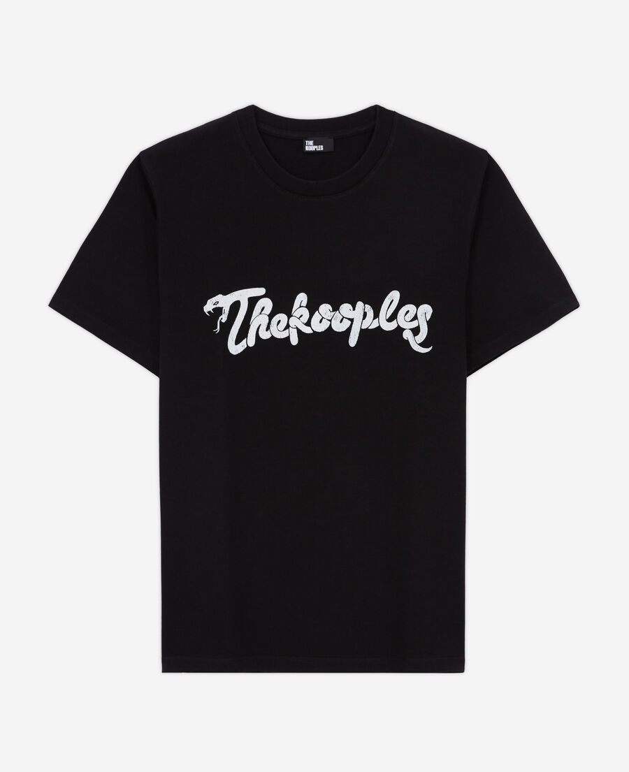 schwarzes t-shirt mit schlangenlogo-siebdruck