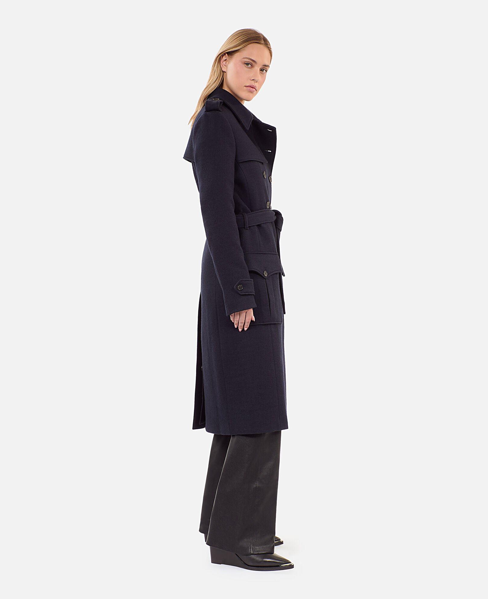 The Kooples WOMEN DARK NAVY long navy blue trench style coat
