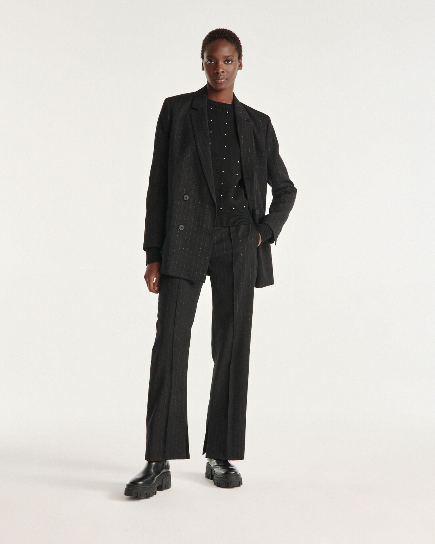 Black sweater with gathering - stud detail, BLACK, hi-res image number null