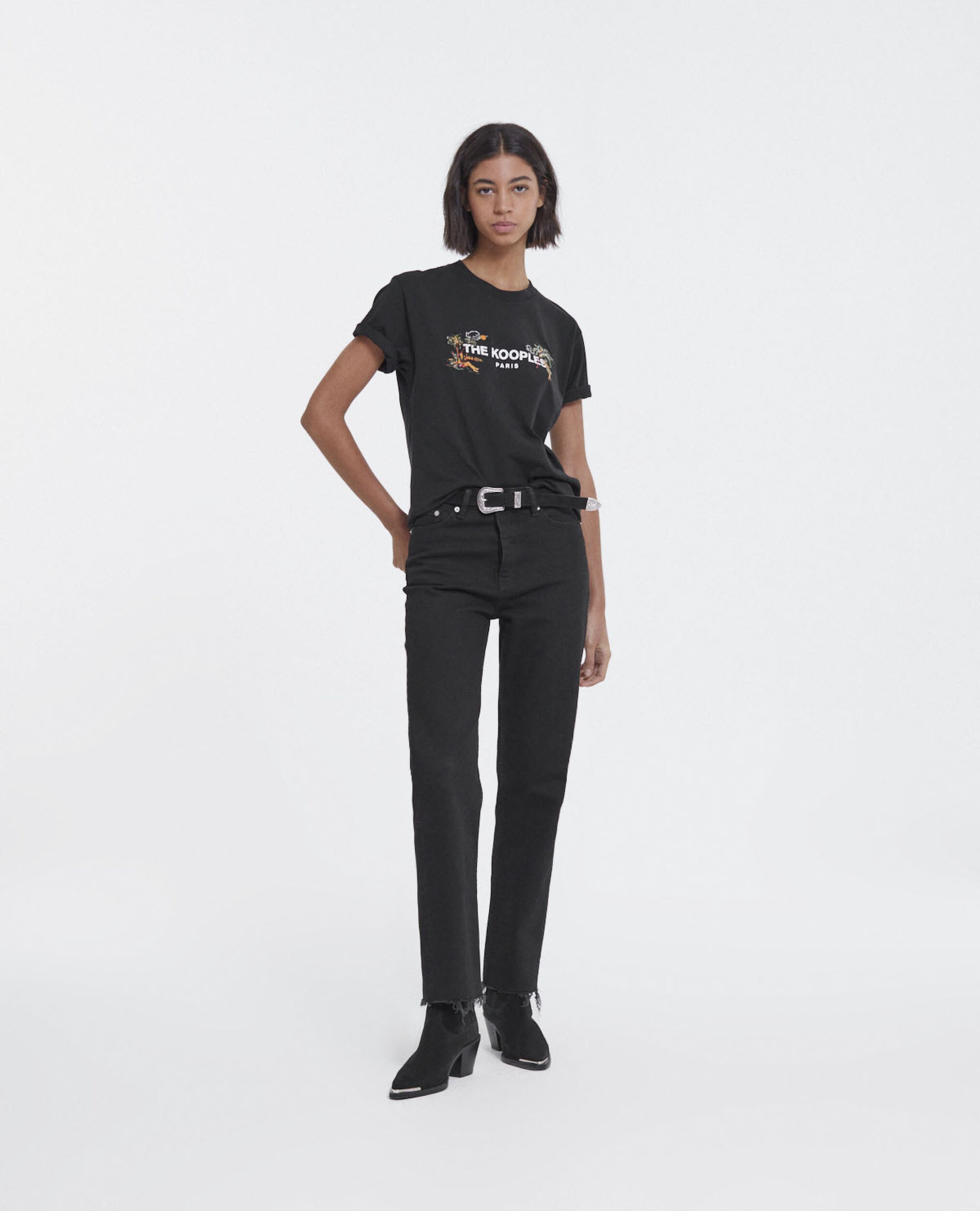 Embroidered black T-shirt with The Kooples logo, BLACK, hi-res image number null