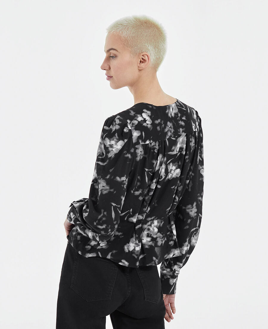 flowing black top w/ pleating and floral motif