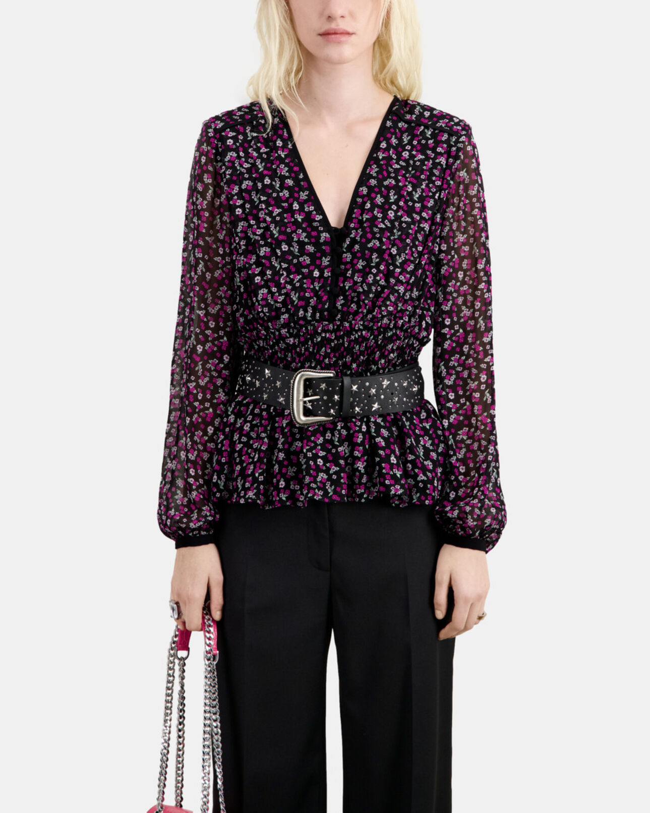 The Kooples WOMEN BLACK / PINK printed top with smocking