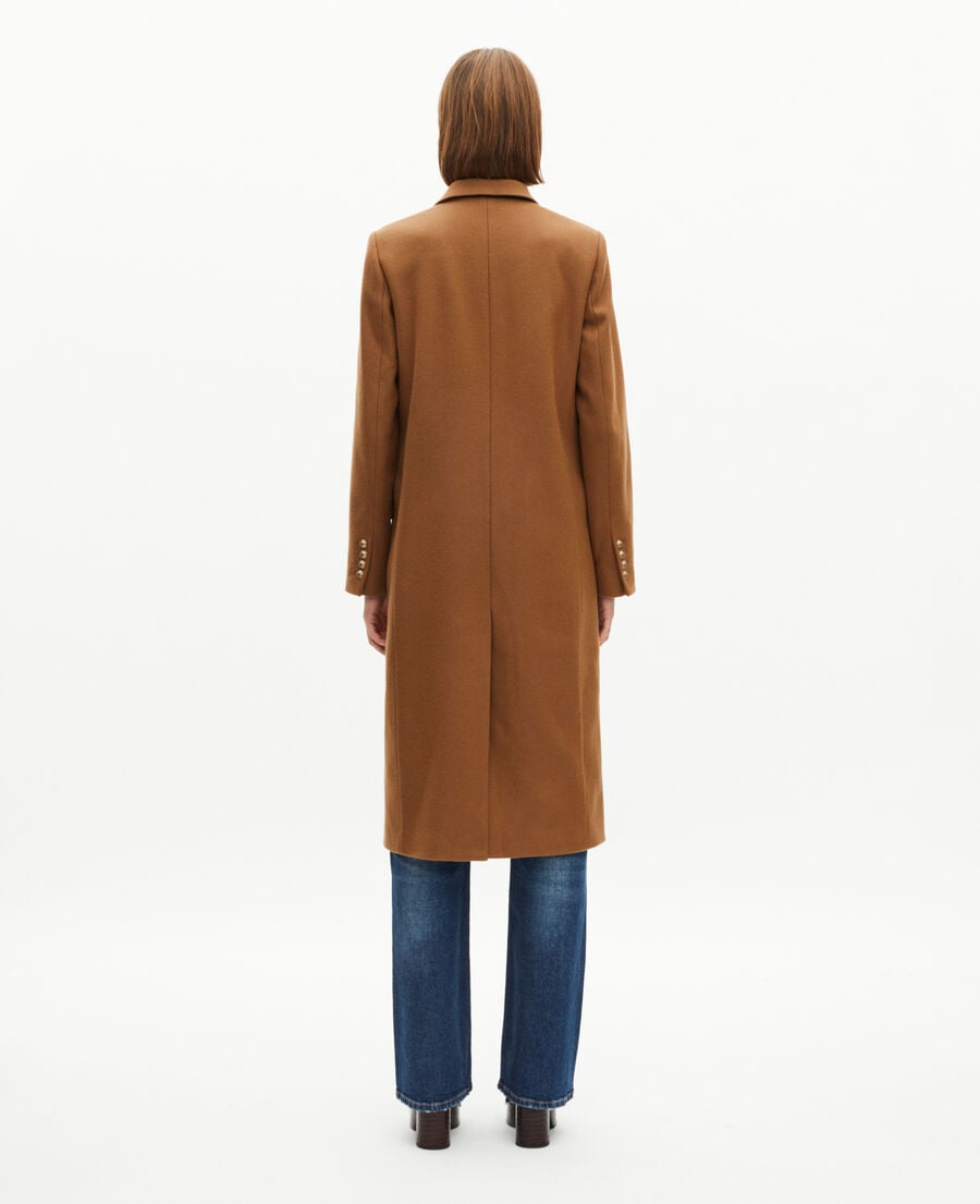 The Kooples FEMME CAMEL MELANGE / BURGUNDY manteau long croisé en laine camel