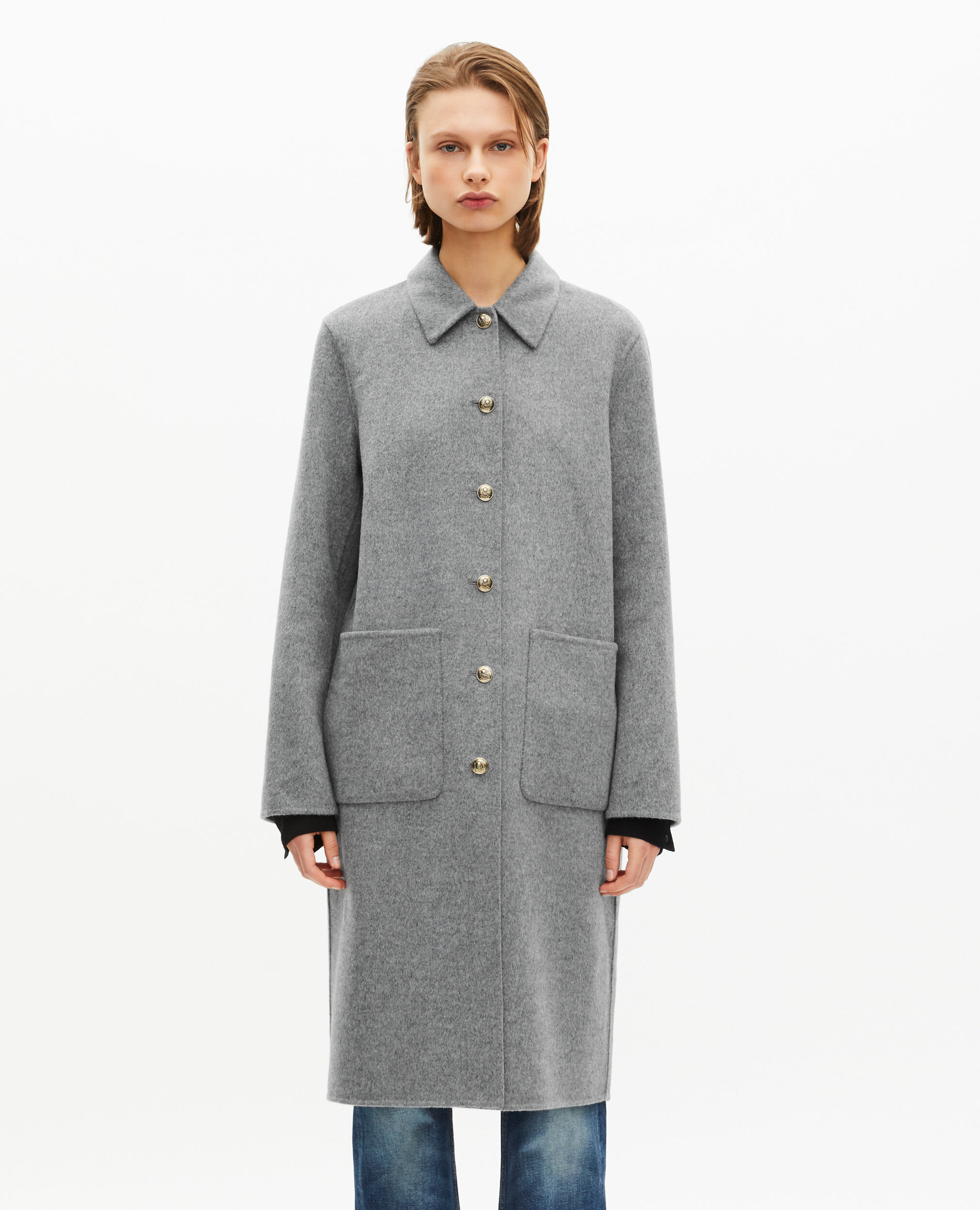 Women's Long double-faced wool coat with gray cape | The Kooples