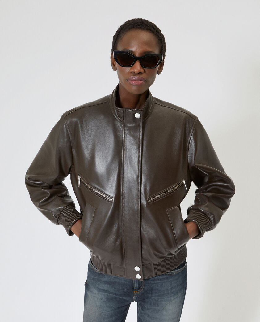 The Kooples DAMEN CAFE braune lederjacke mit rei&szlig;verschluss