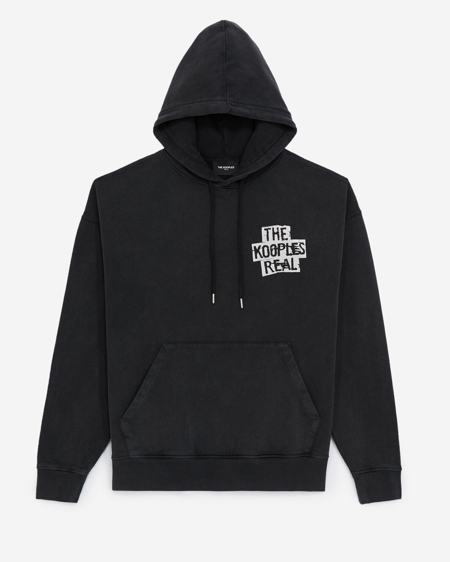 Dark gray sweatshirt with hood and print, BLACK WASHED, hi-res image number null