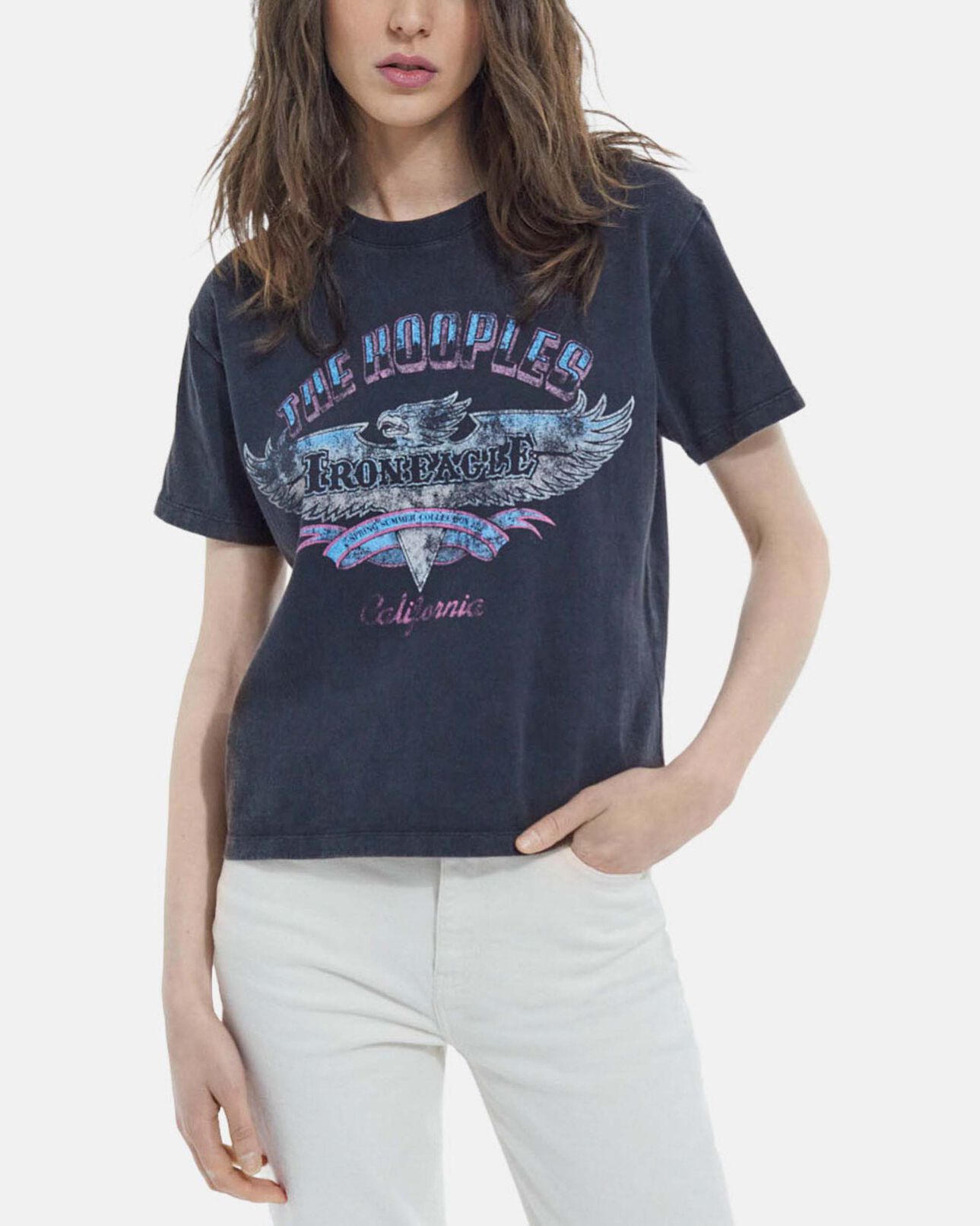 The Kooples FEMME BLACK WASHED t-shirt noir délavé coton imprimé aigle