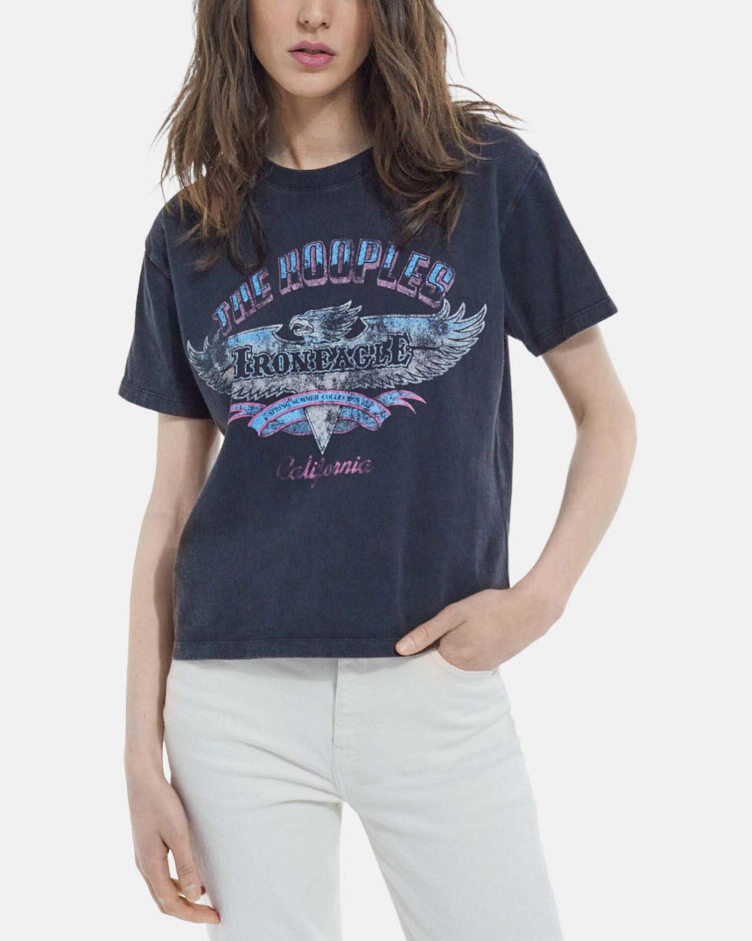 T-shirt noir délavé coton imprimé aigle, BLACK WASHED, hi-res image number null