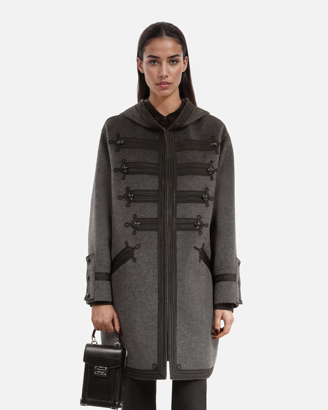 The Kooples WOMEN PETROL GREY long hooded pea jacket in grey wool