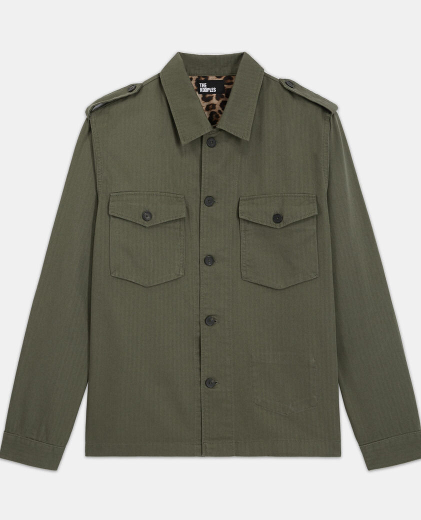 The Kooples MEN OLIVE NIGHT khaki shirt with leopard lining