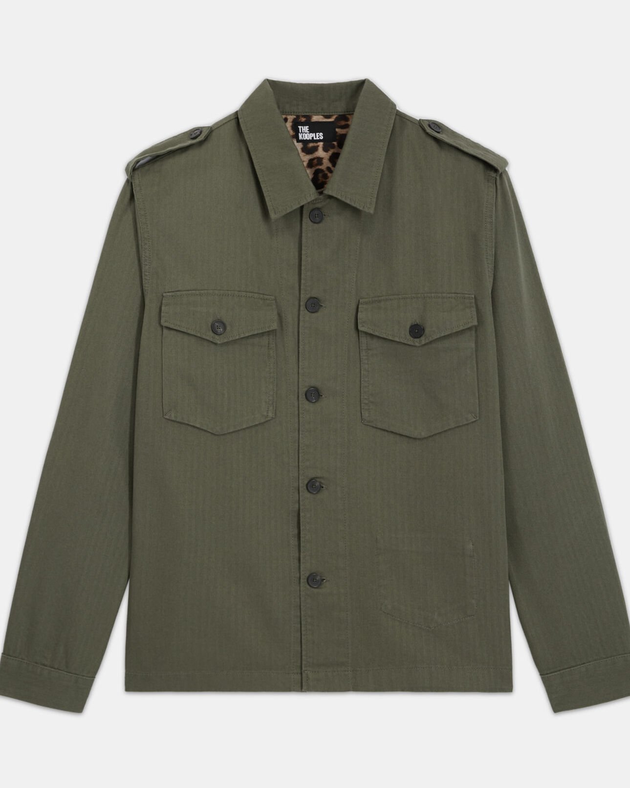 The Kooples MEN OLIVE NIGHT khaki shirt with leopard lining