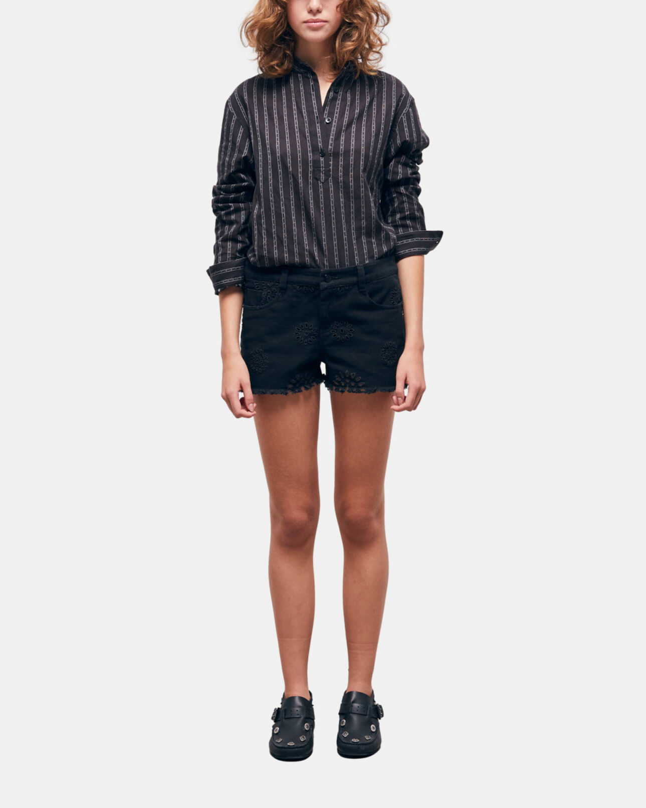 The Kooples WOMEN BLACK black denim shorts with broderie anglaise