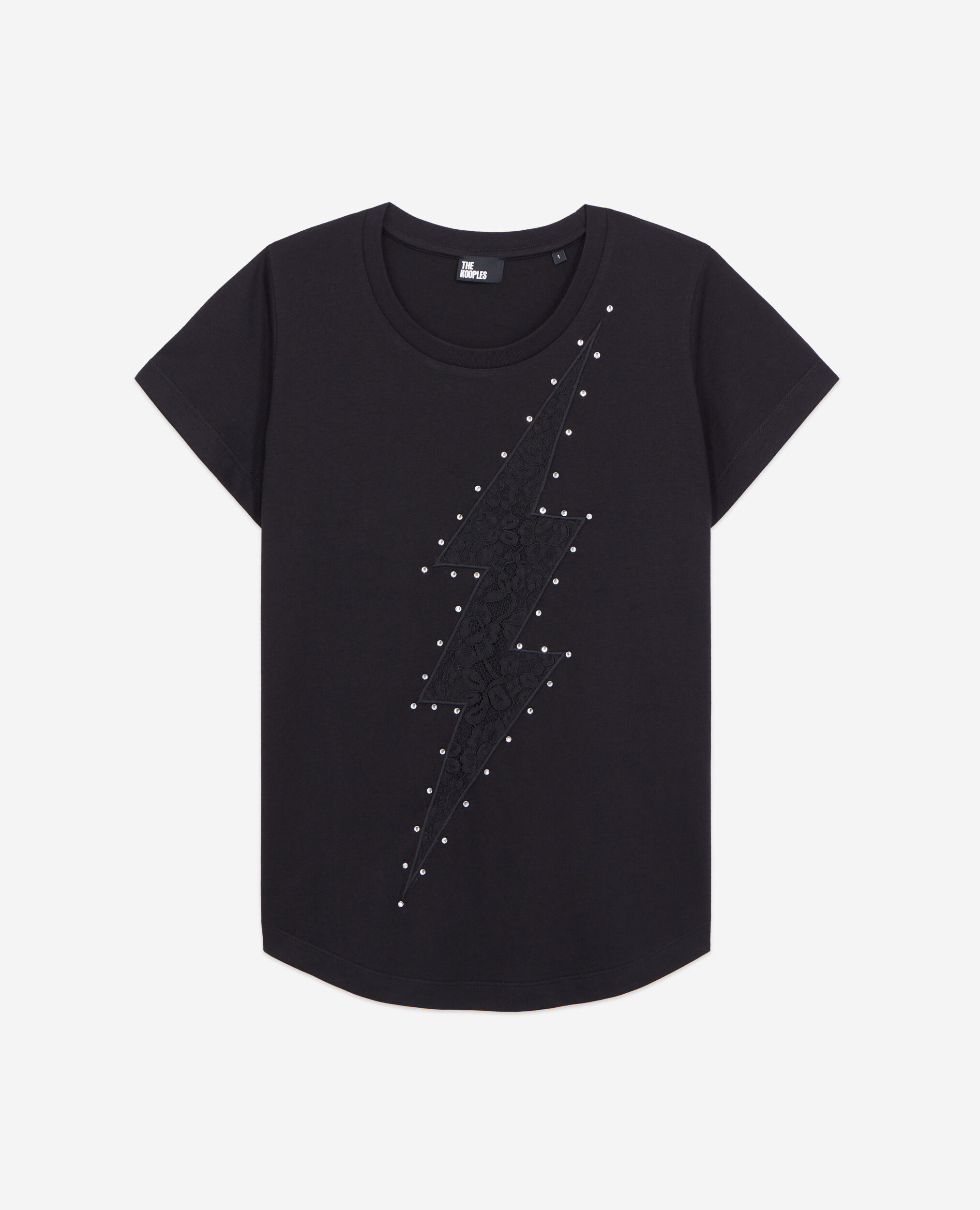 Schwarzes T-Shirt mit Spitzendetails, BLACK, hi-res image number null