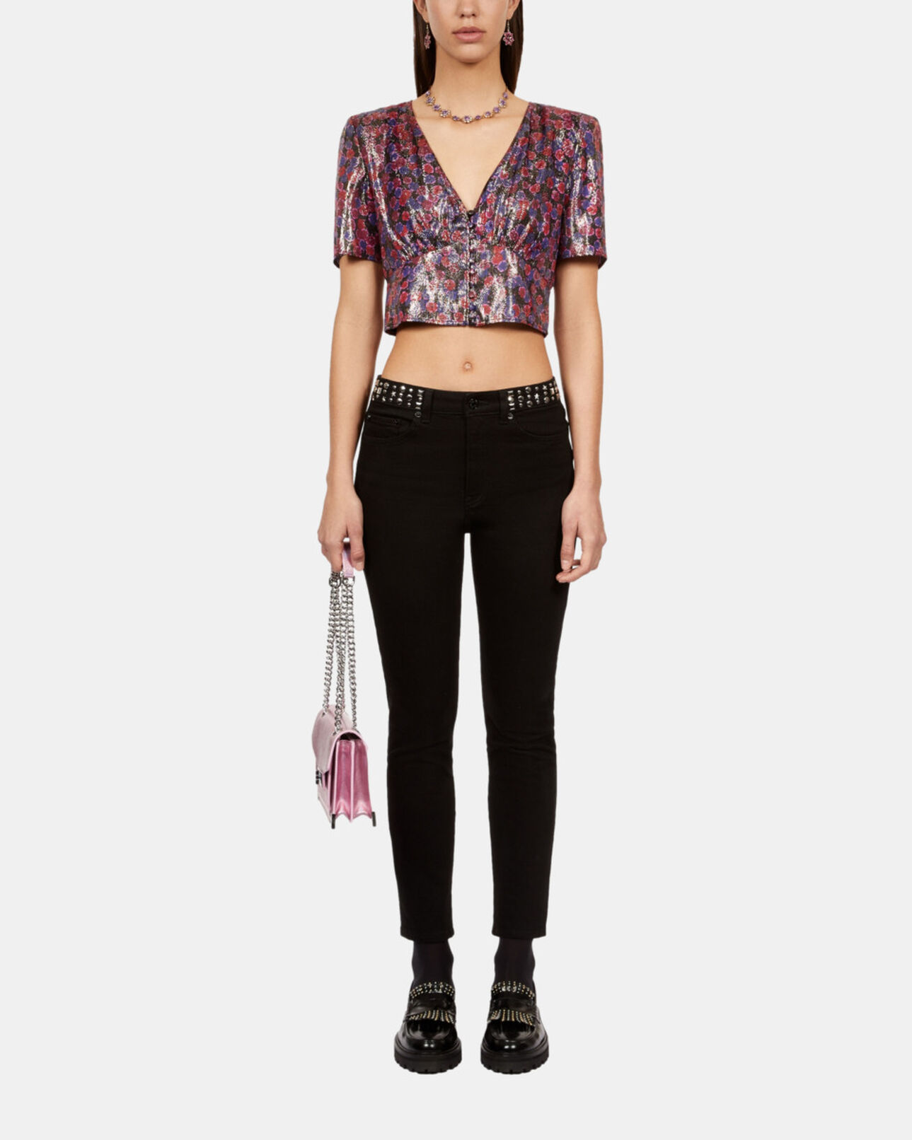 The Kooples WOMEN BLUE RED floral metallic cropped top