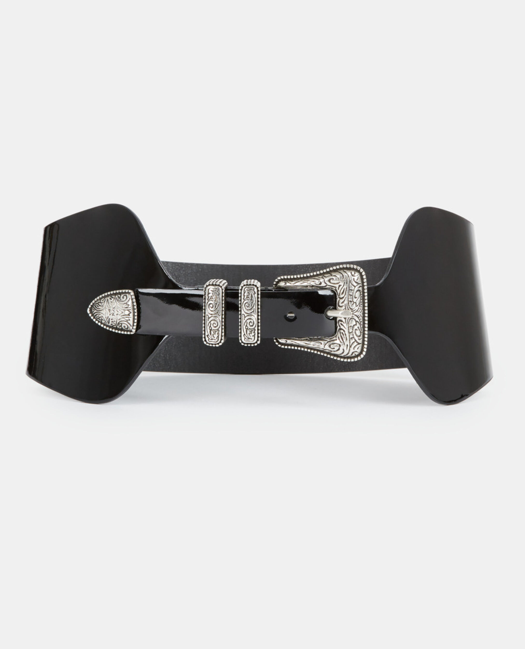 Wide black vinyl style leather belt, BLACK, hi-res image number null