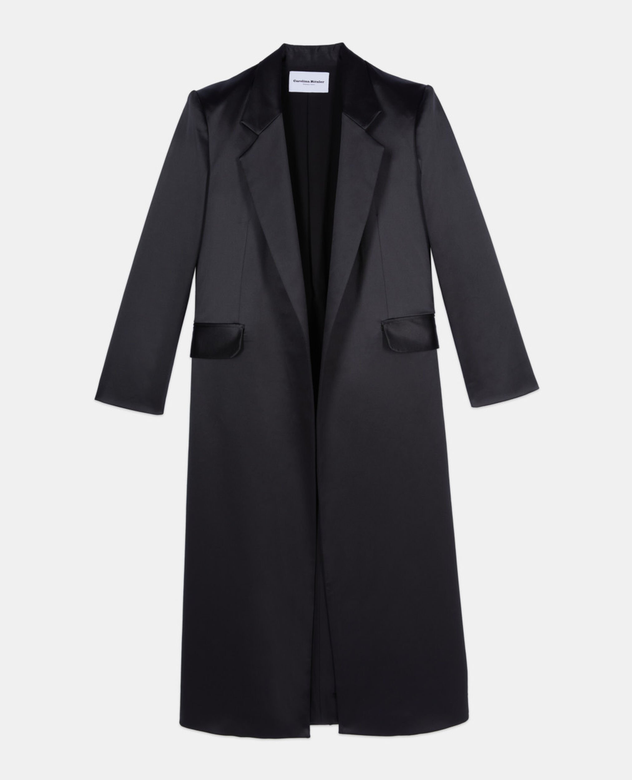 The Kooples x Carolina Ritzler black satin coat, BLACK, hi-res image number null