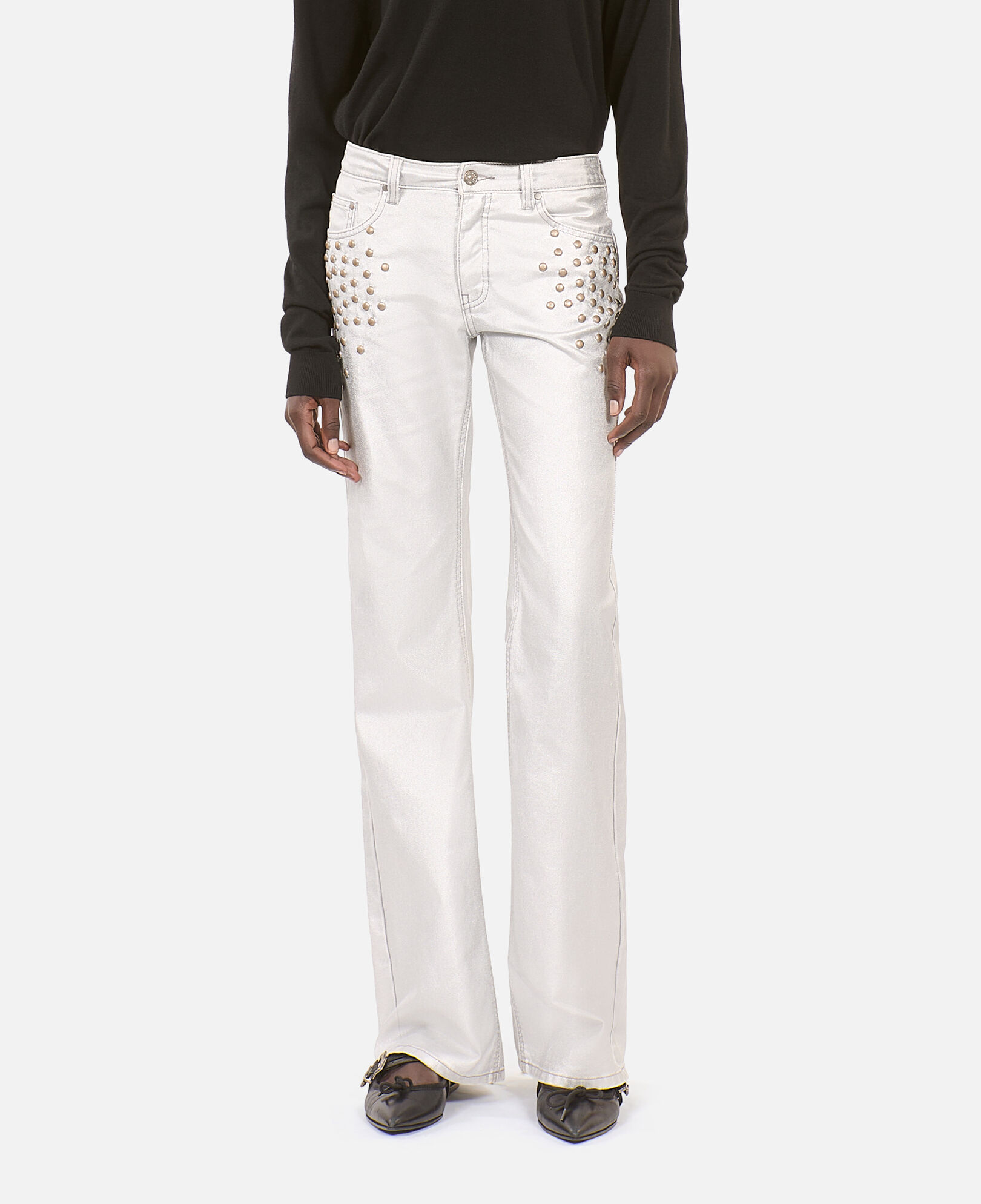 The Kooples MUJER 52 ARGENT VIEILLI CORNE vaqueros tachuelas rectos plateados